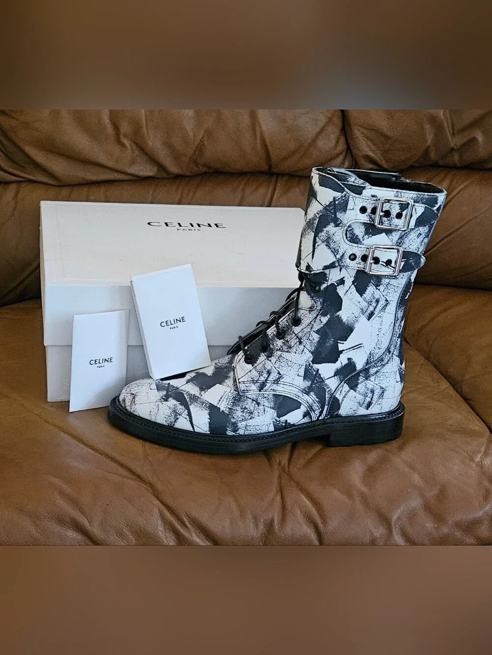 New Men's Celine Leather Abstract Lace-Up Buckle Zipper Combat Boots Size 8 US
